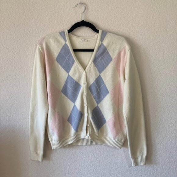 JOHN GALT Argyle Pastel Cardigan Sweater Light Academia Soft Girl Coquette L - Picture 2 of 12